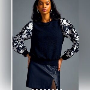 NWT Anthropologie Porridge black and white textured sweatshirt w floral sleeves